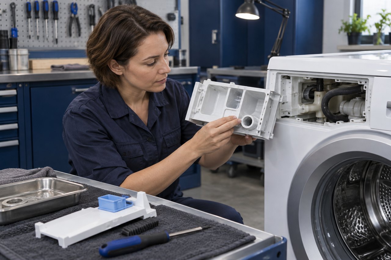Осмотр дозатора моющего средства стиральной машины
